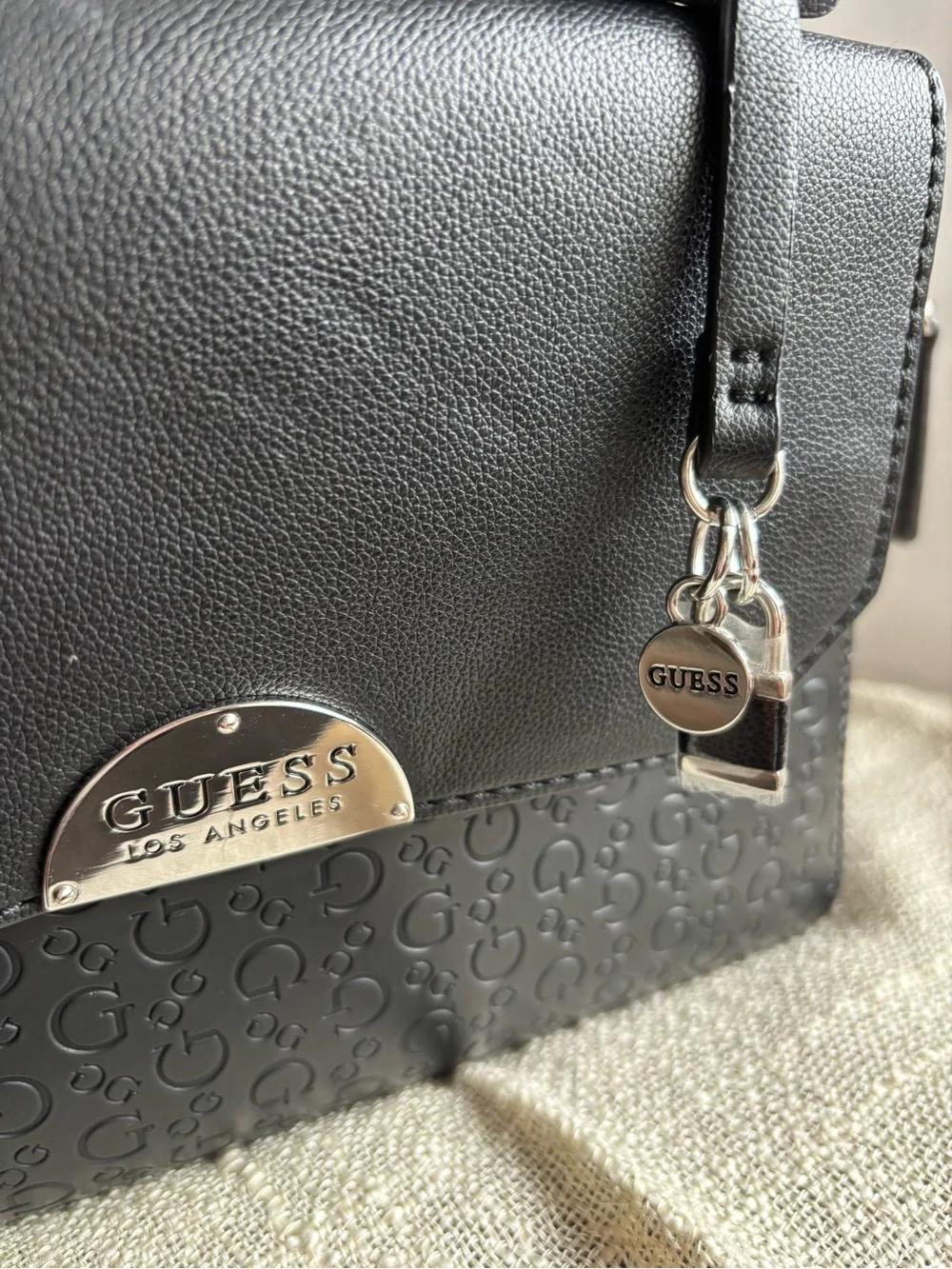GUESS Black Logo-Embossed Top-Handle Satchel with Lock Charm